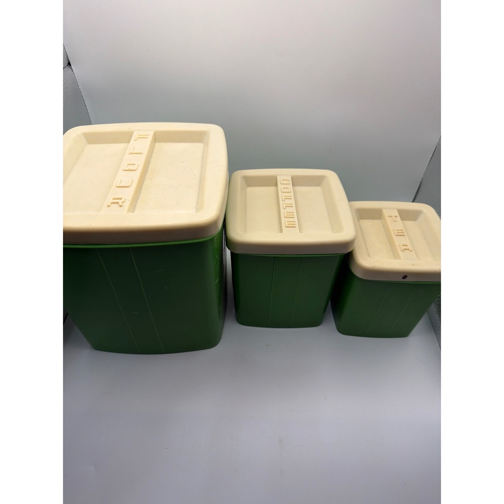 Vintage Avocado Green Plastic Kitchen Canister Set 3pc Flour Coffee Tea Retro